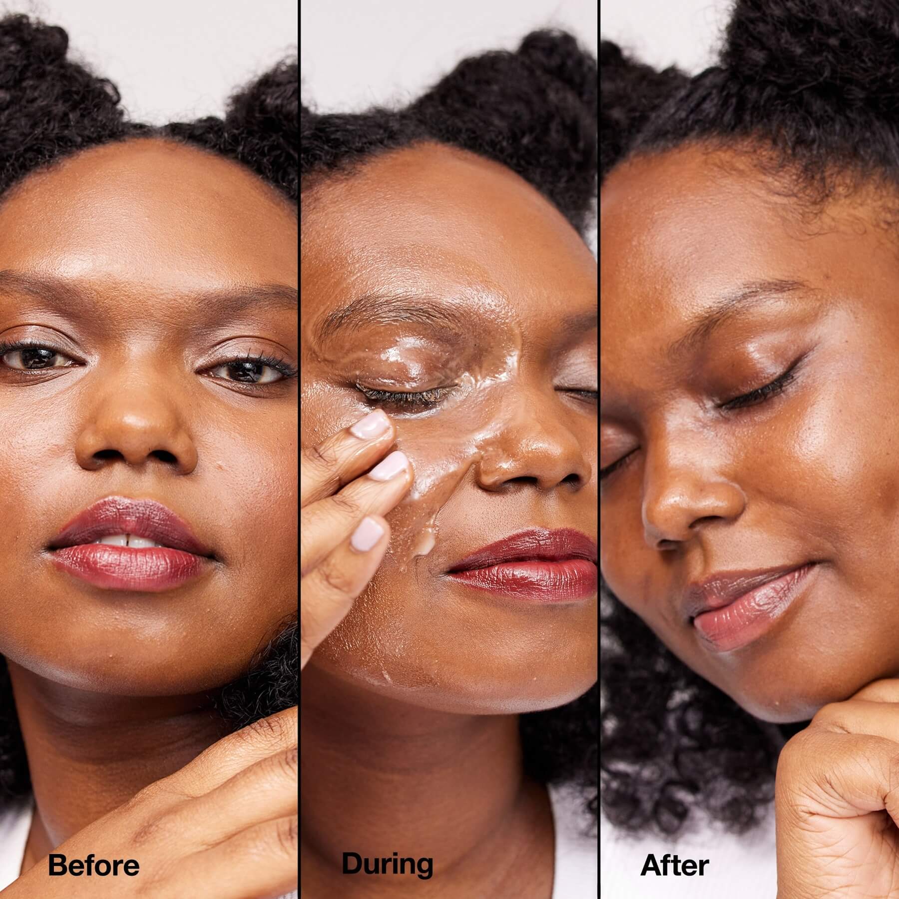Clinique cleansing balm shown before during and after melting makeup on skin