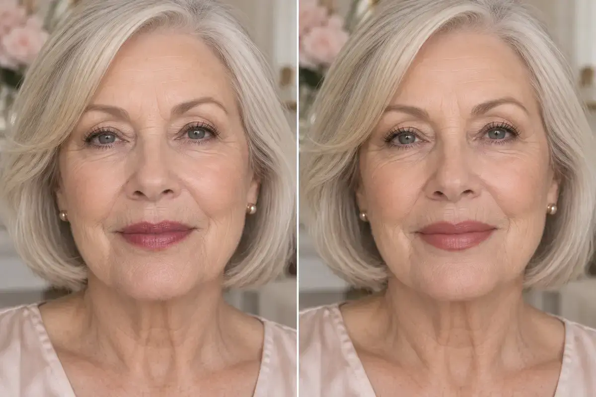Before and after comparison showing feathered lipstick and a softly lined clean lip edge on the same mature woman