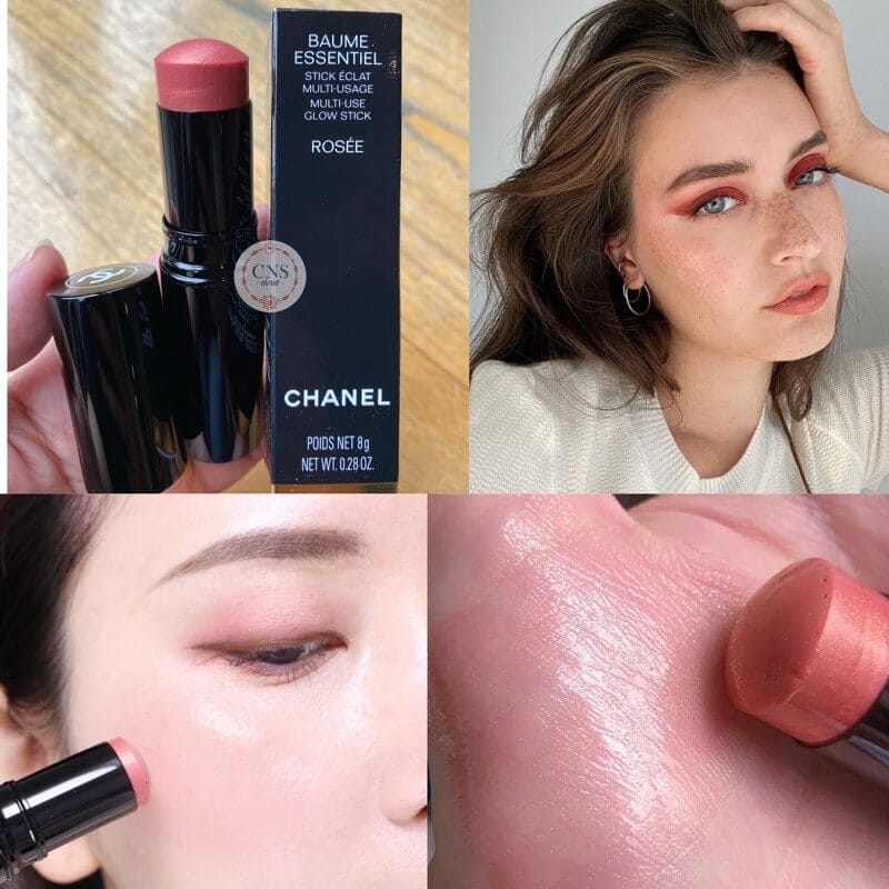 Model wearing Chanel Baume Essentiel highlighter with soft glow on cheeks