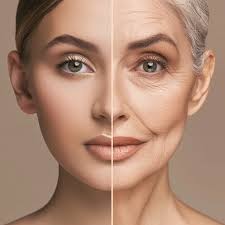 Before and after image showing foundation applied to mature skin with fine lines, achieving smooth finish