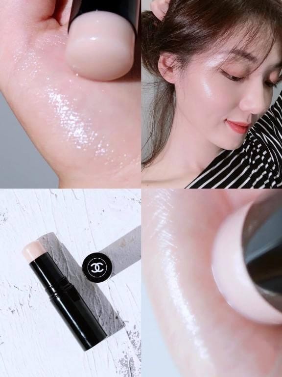 Chanel Baume Essentiel Transparent shade applied on cheek, showing natural glossy radiance.