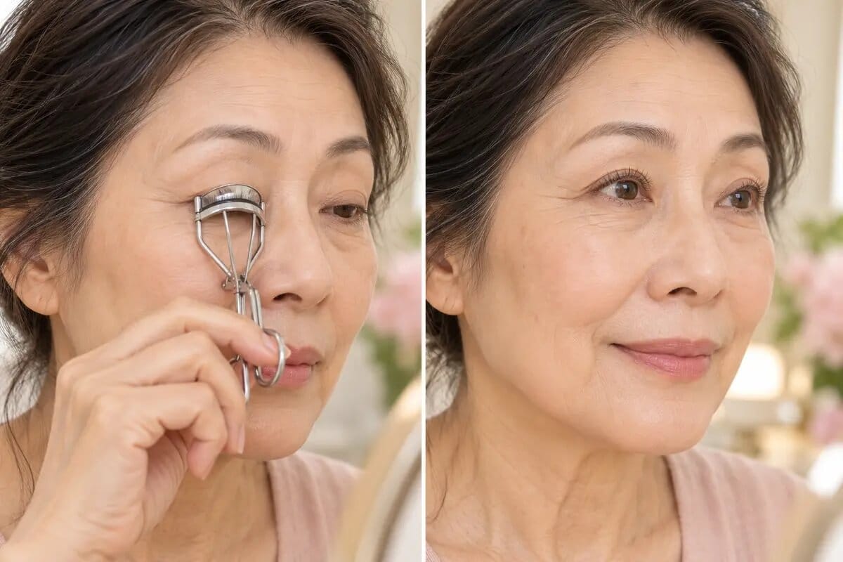 Woman over 60 gently curling clean upper lashes before applying mascara