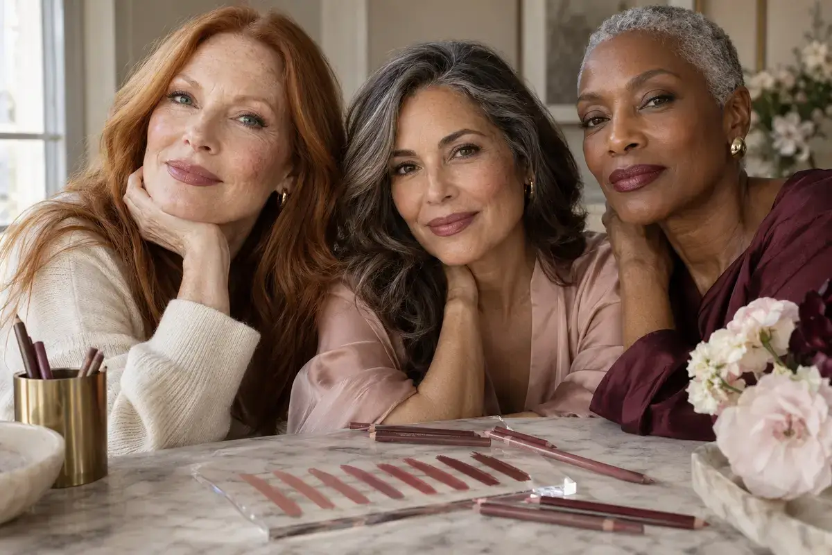 Three diverse women over 50 wearing natural rose nude, mauve and berry lip-liner shades beside unbranded swatches