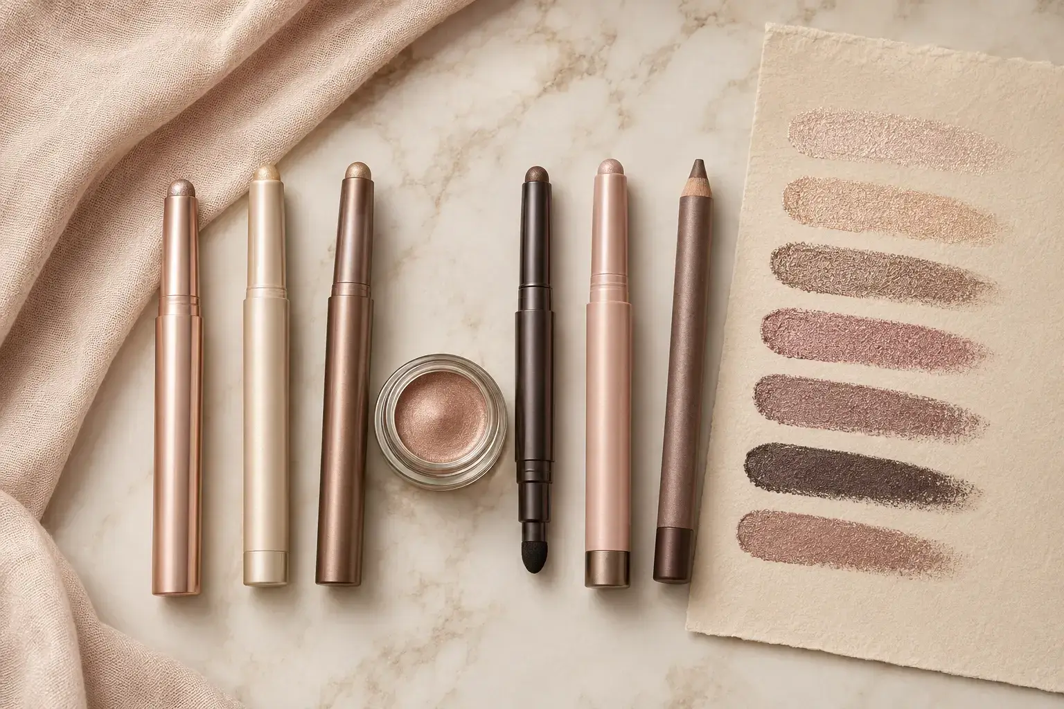 Seven cream eyeshadow formats and neutral swatches arranged for comparison