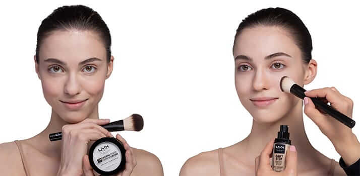 The same girl applying foundation with a brush