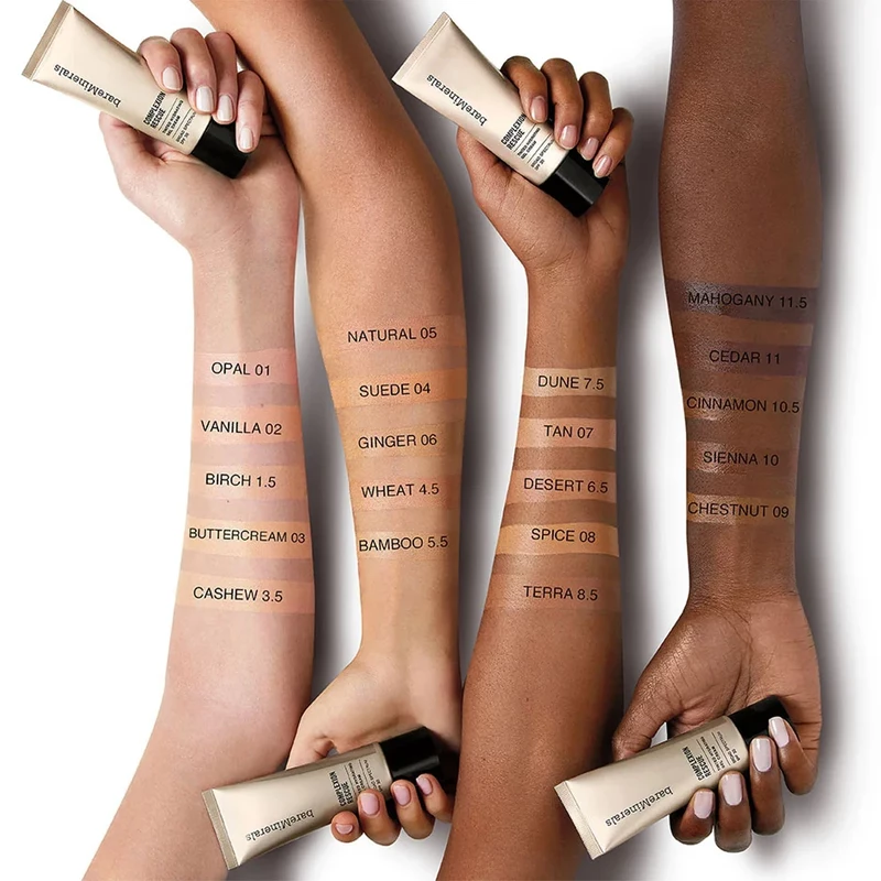 BareMinerals Complexion Rescue gel cream tinted moisturizer product and arm swatches showing lightweight coverage for aging dry skin