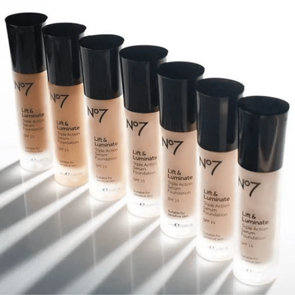 No7 Lift & Luminate Triple Action Serum Foundation lined up