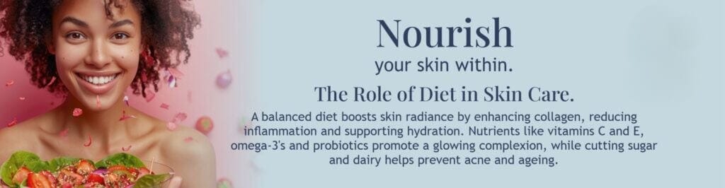 Plate of colorful fruits and water glass, illustrating nourish from within hydration and diet for radiant mature skin health.