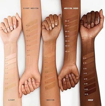 Pat McGrath Skin Fetish Foundation swatches showing light to deep shades