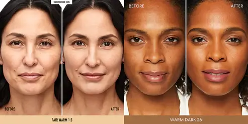 Mature woman applying foundation for a radiant, youthful glow on dry skin