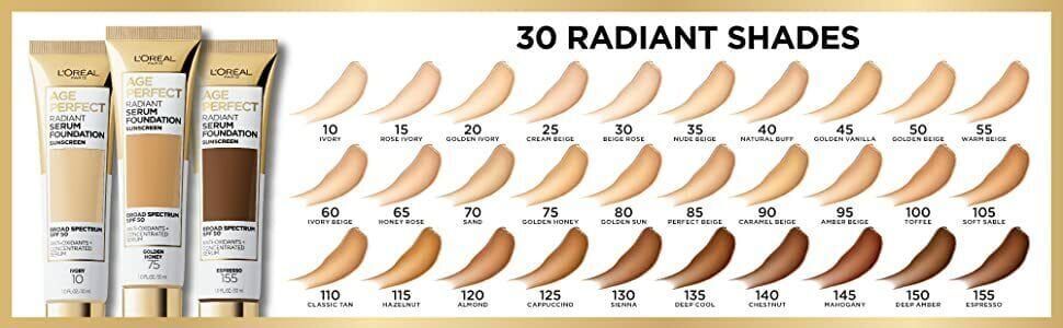 L’Oréal’s Age Perfect Radiant Serum Foundation different radiant shades