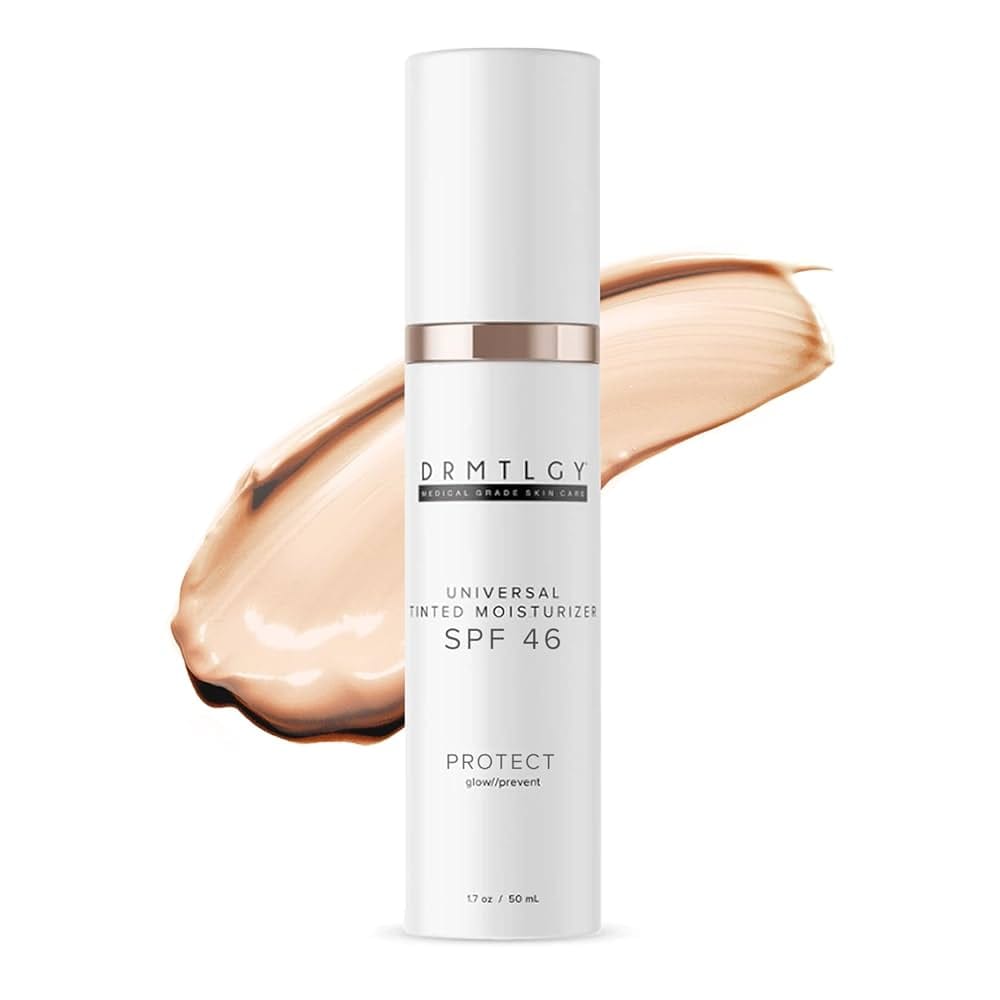 DRMTLGY Universal tinted moisturizer SPF 46 bottle and shade applications on hands, perfect for crease-proof coverage on mature sensitive skin