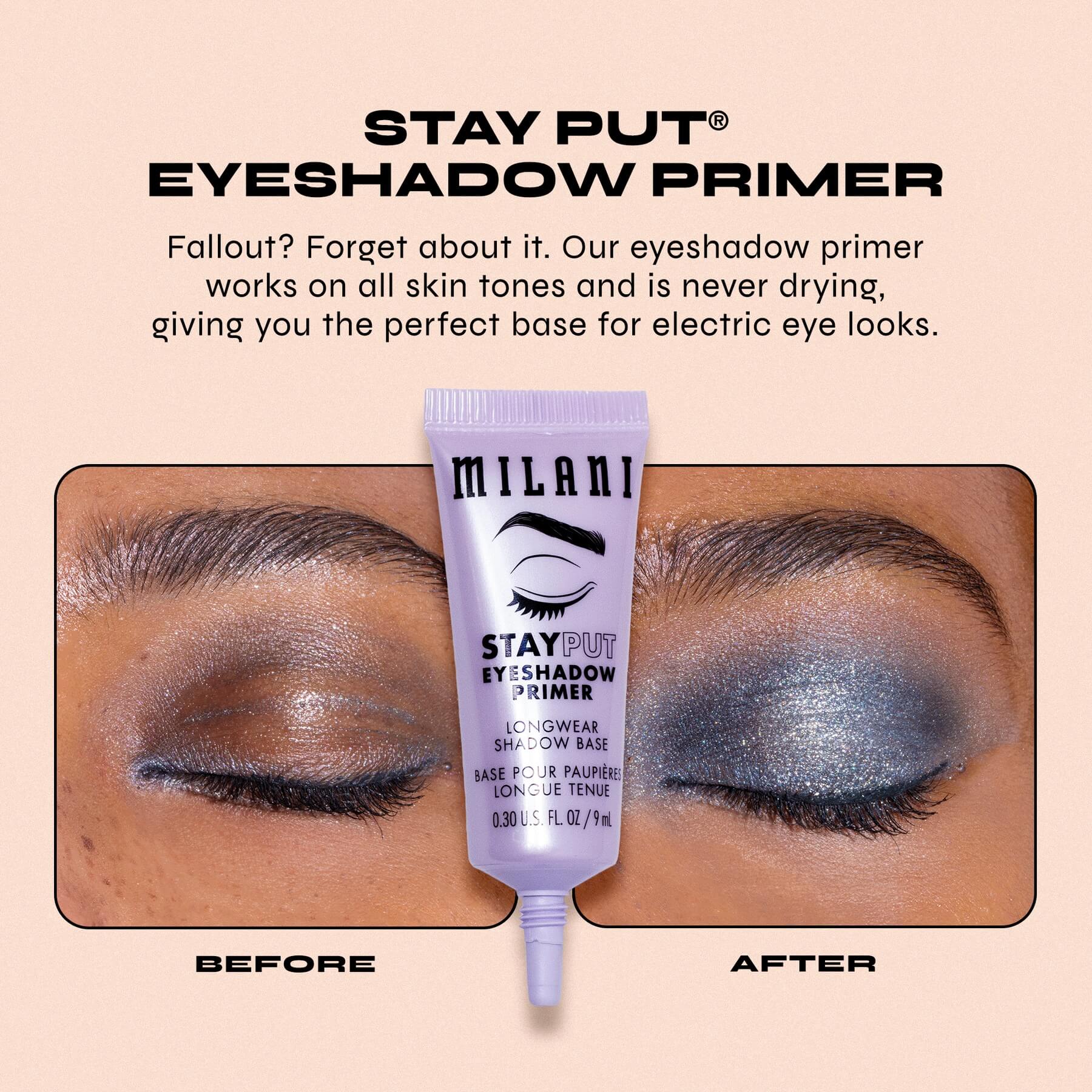 Milani Stay Put Eyeshadow Primer before-and-after eyeshadow demonstration