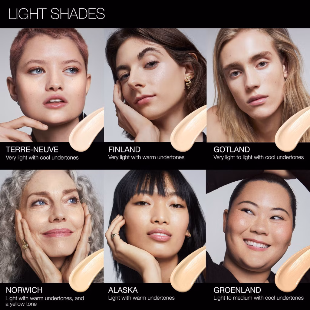 NARS Pure Radiant hydrating tinted moisturizer with vitamin C, product bottle and hand swatches for plump glow over 50