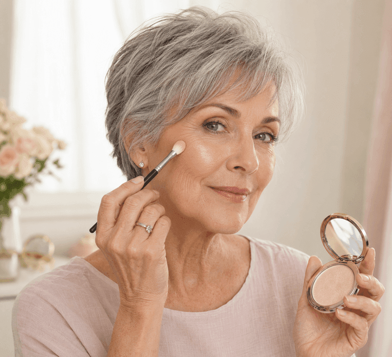 Woman over 60 applying powder highlighter lightly to avoid emphasizing mature skin texture.