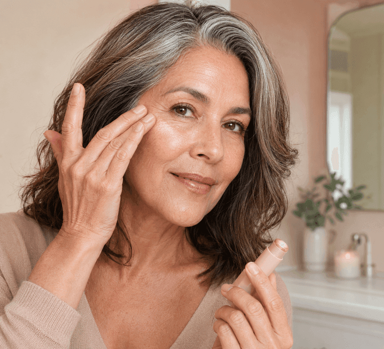 Woman over 50 tapping cream highlighter onto the cheekbone for a lifted glow.