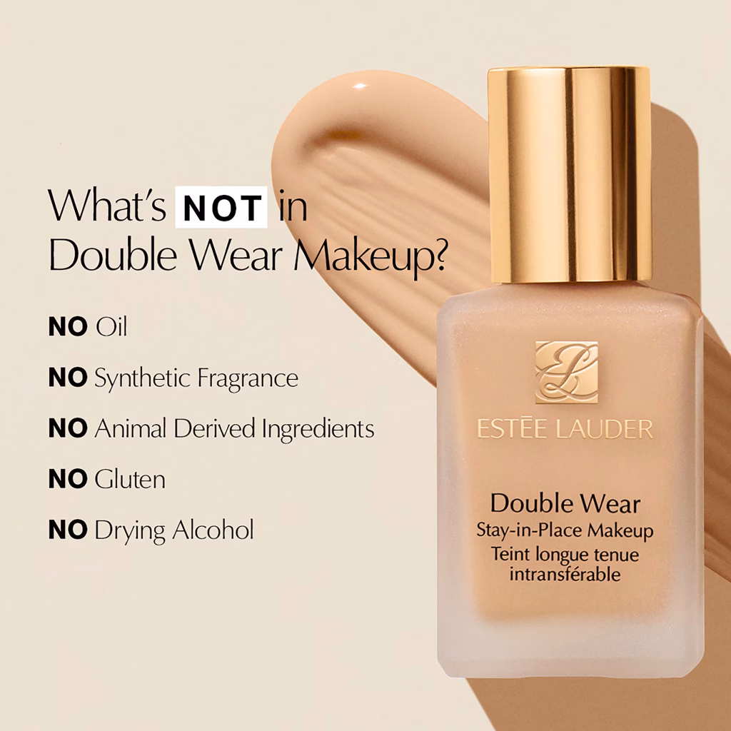 Estée Lauder Double Wear foundation packaging highlighting ingredients that are not included in the formula.