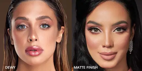 Side-by-side comparison of dewy makeup vs matte foundation finish on the face