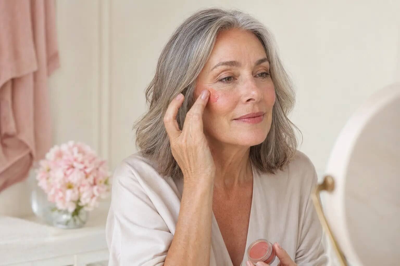 A mature woman applying soft peach cream blush high on her cheekbone