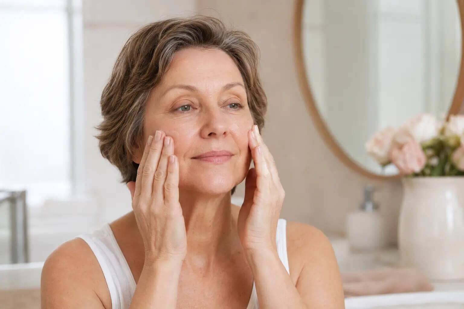 A mature woman gently pressing moisturizer into her cheeks before makeup