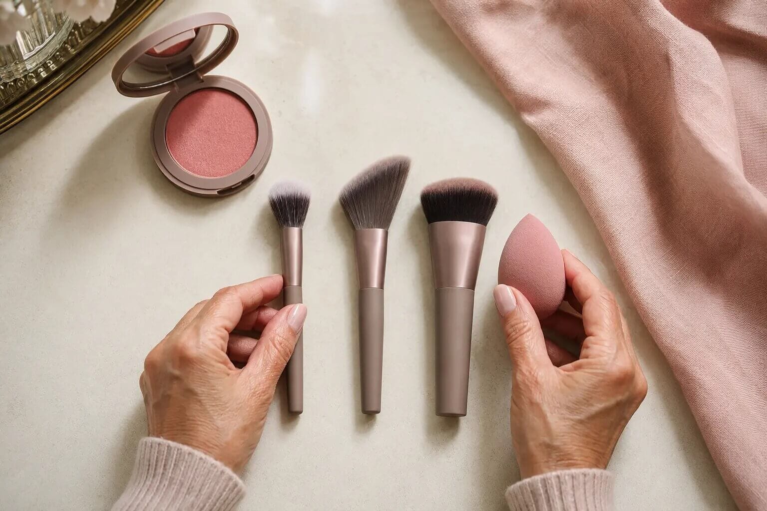 Mature hands arranging blush brushes and a makeup sponge
