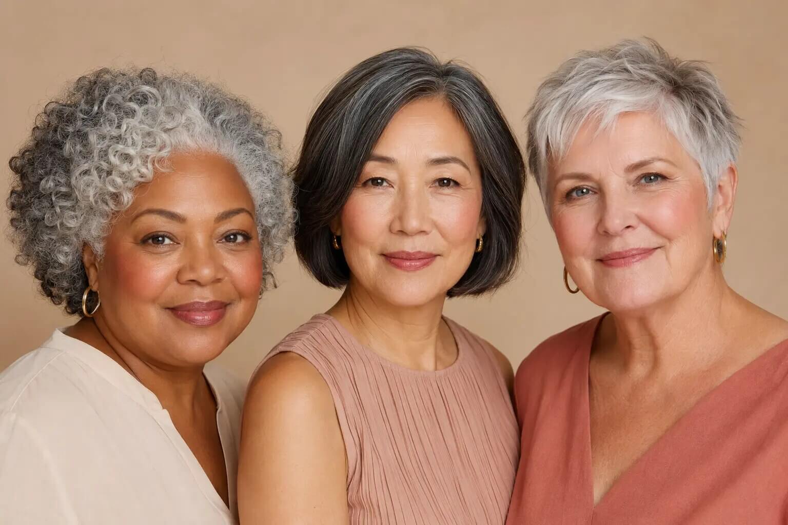 Three mature women with different face shapes wearing softly placed blush