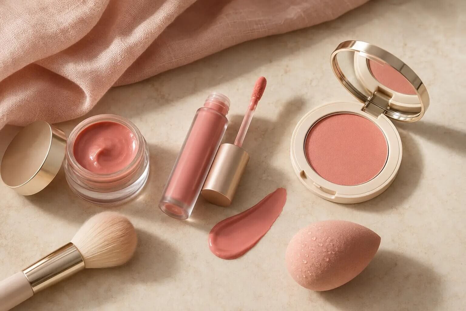 Unbranded cream, liquid and powder blush formulas with a brush and sponge