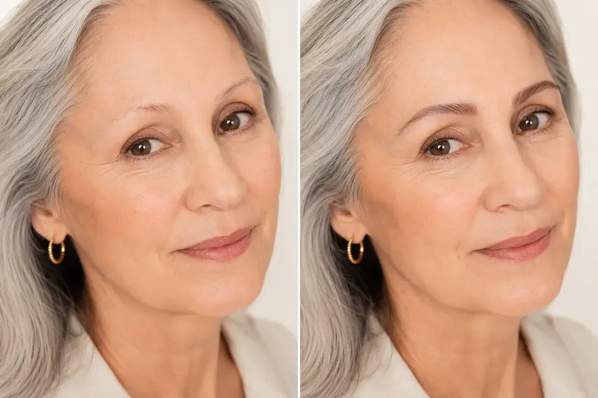 Before and after comparison of sparse mature brows softly filled with eyebrow pencil