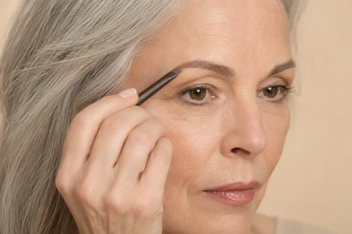 Mature woman using the narrow edge of an angled eyebrow pencil to define the brow tail