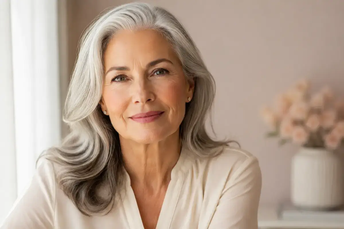 Silver-haired woman over 60 with softly defined natural-looking finished eyebrows
