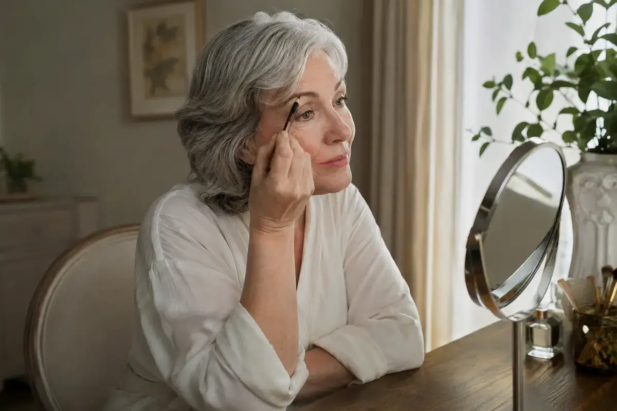 Silver-haired woman supporting her arm while applying eyebrow pencil at a mirror
