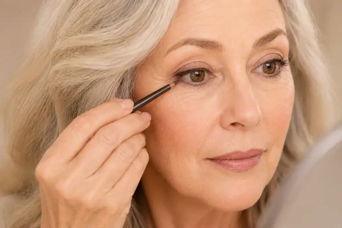 Soft brown-charcoal definition applied only to the outer third of the lower lash line after 50