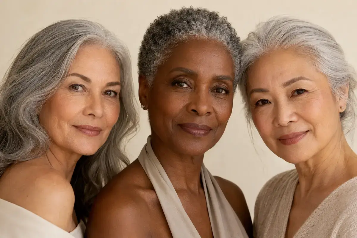 Three women with different skin tones and silver hair wearing natural cool gray, taupe and ash brown brows