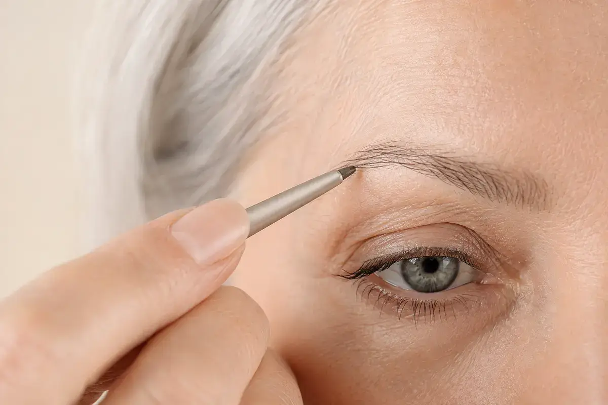 Ultra-fine eyebrow pencil drawing natural hair-like strokes into a sparse mature brow