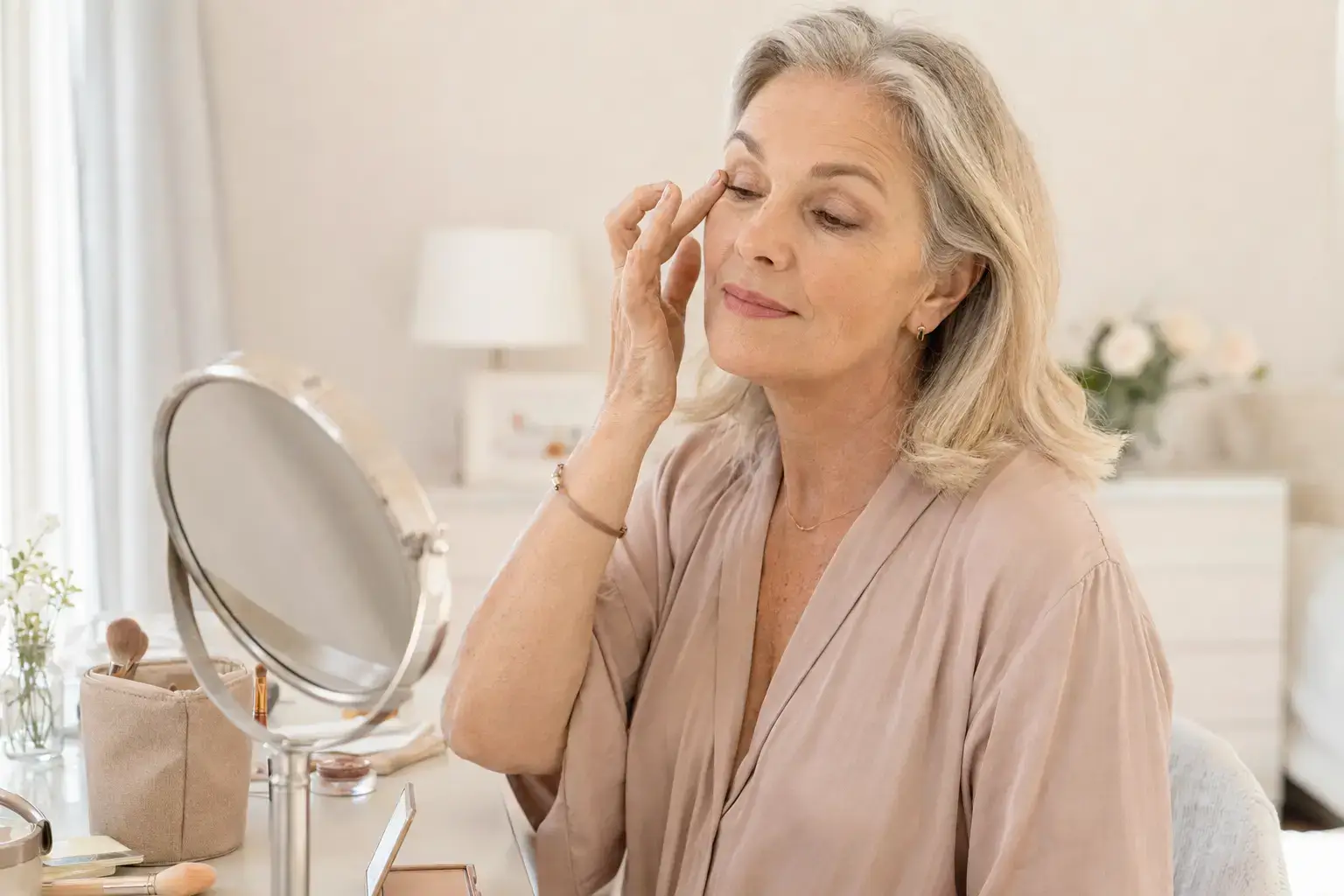Woman over 50 blending neutral cream eyeshadow at a bright vanity