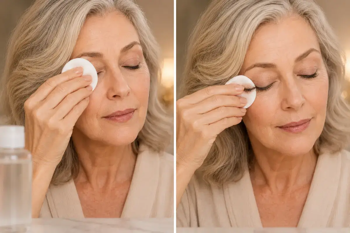 Woman over 60 gently pressing and wiping away eyeliner with a soft cotton pad