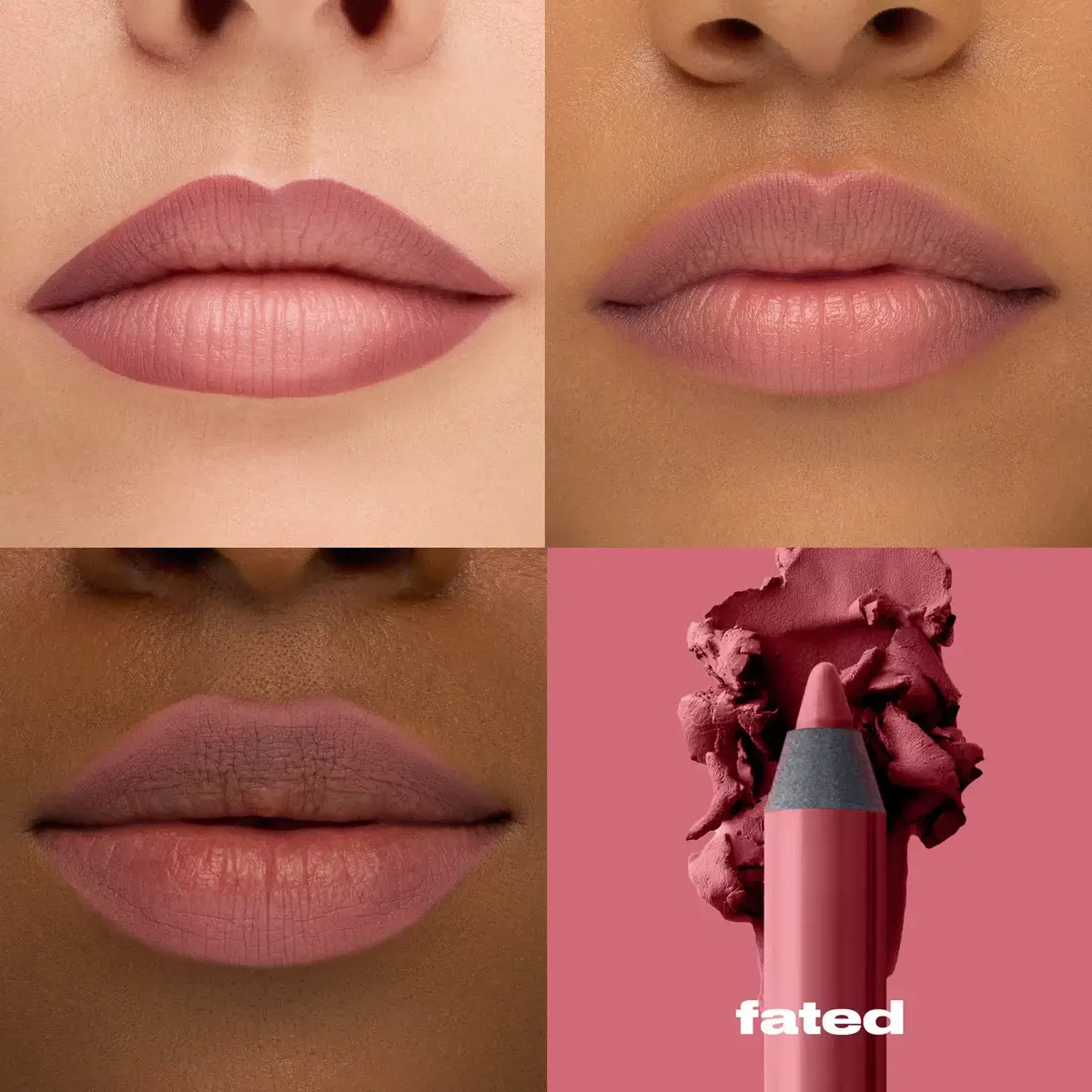 Official Urban Decay image showing several skin tones wearing the Fated lip-pencil shade