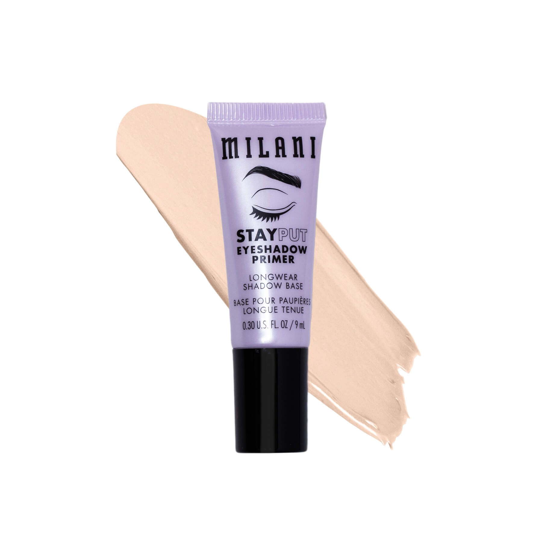 Milani Stay Put Eyeshadow Primer lavender tube with nude primer swatch
