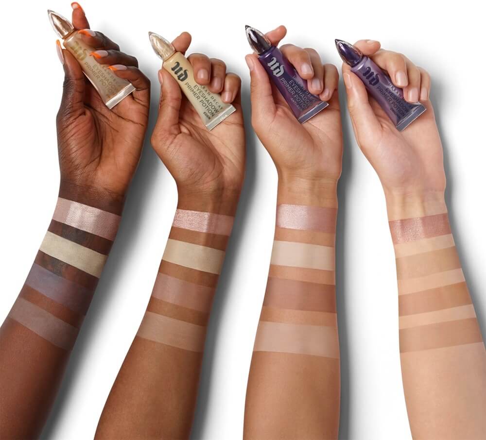 Urban Decay Eyeshadow Primer Potion shades and swatches on several skin tones