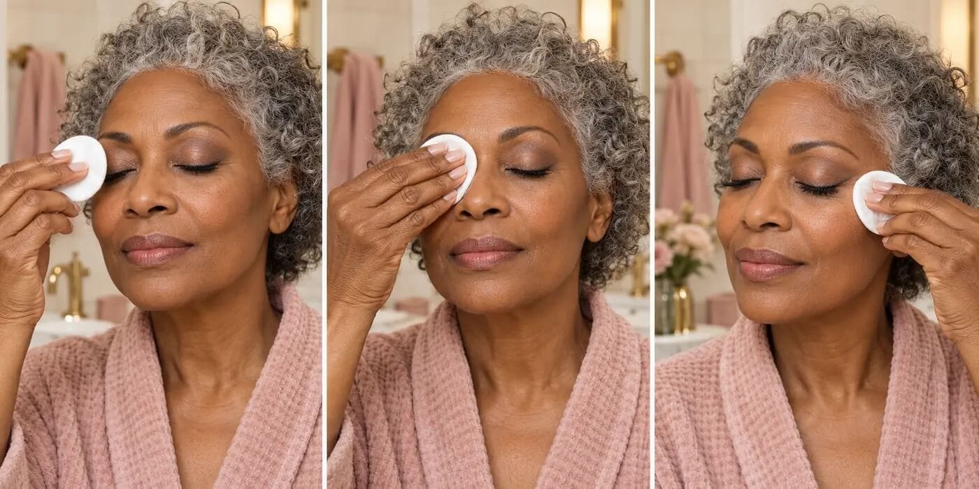 Woman over 60 demonstrating the press hold and gentle glide method for removing waterproof eye makeup