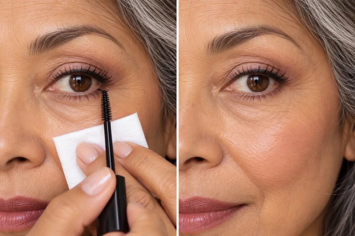 Woman over 60 using the tip of a mascara wand lightly on the outer lower lashes