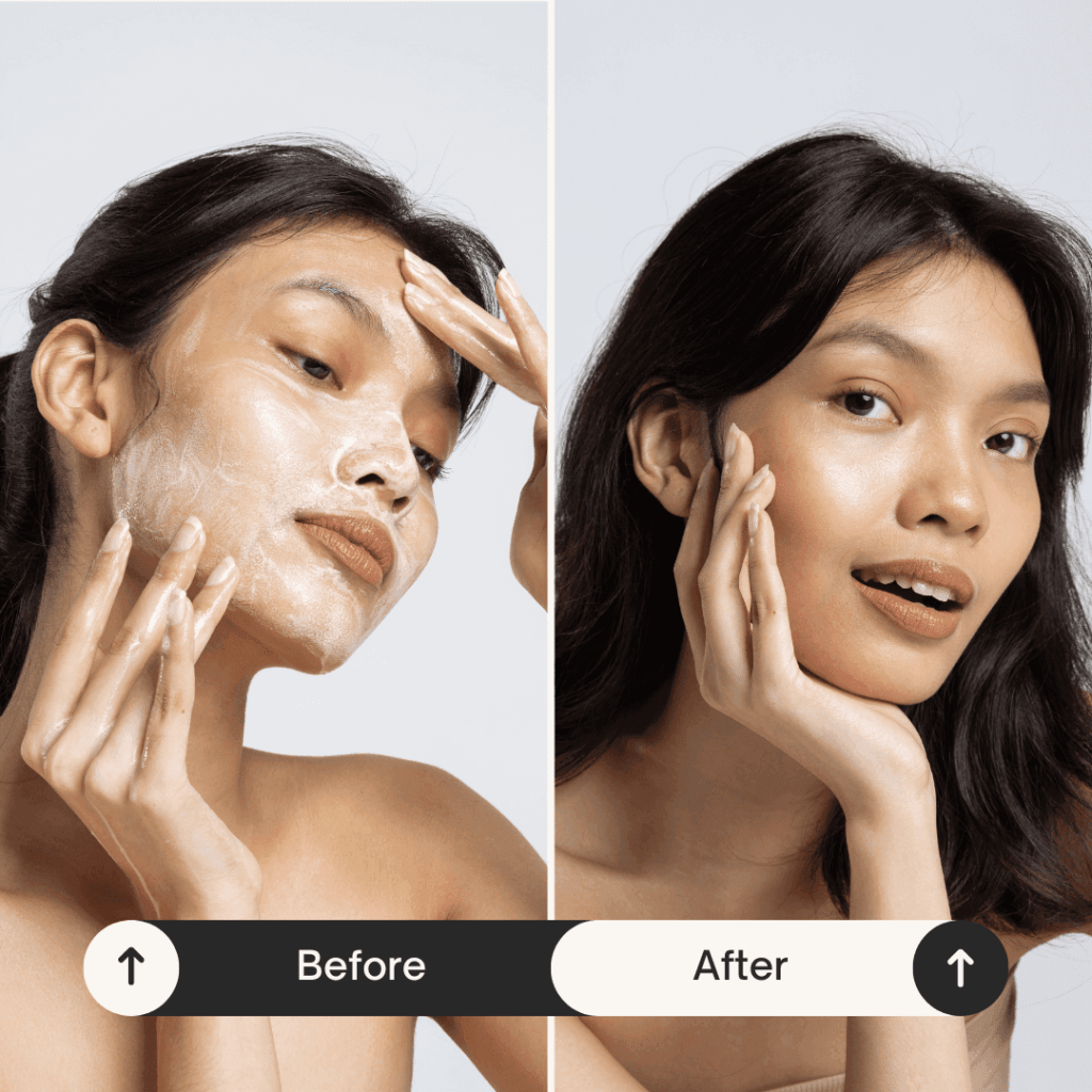 Before-and-after photos showing the results of applying COVERGIRL & Olay Simply Ageless 3-in-1 on mature skin, highlighting improved hydration and coverage.