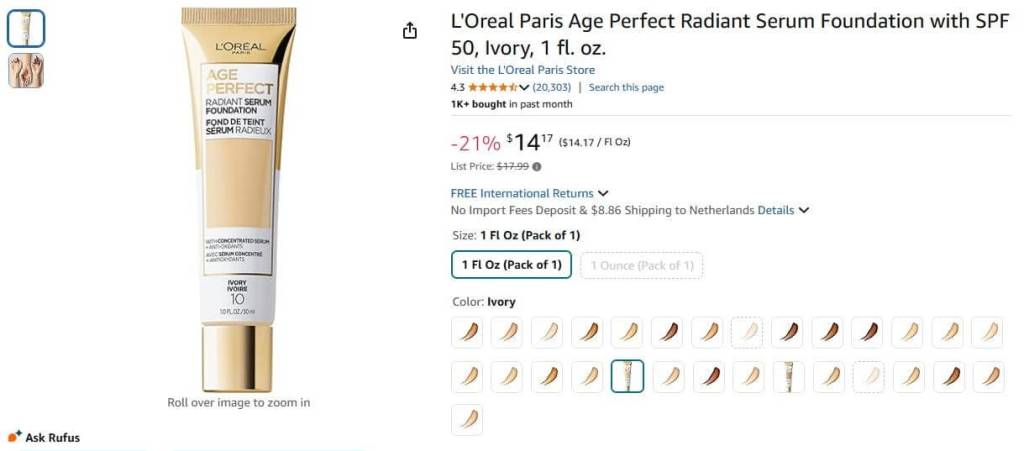 Pricing of L'Oréal Paris Age Perfect Radiant Serum Foundation