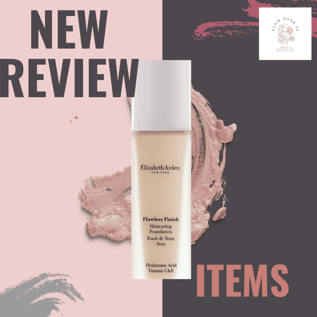 Elizabeth Arden Flawless Finish Foundation featured with glowing text highlights of its key benefits for mature skin.