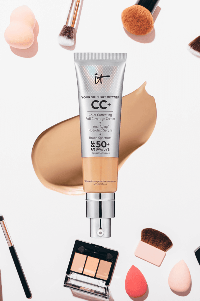 IT Cosmetics CC+ Cream with skincare and makeup tools for mature skin.
