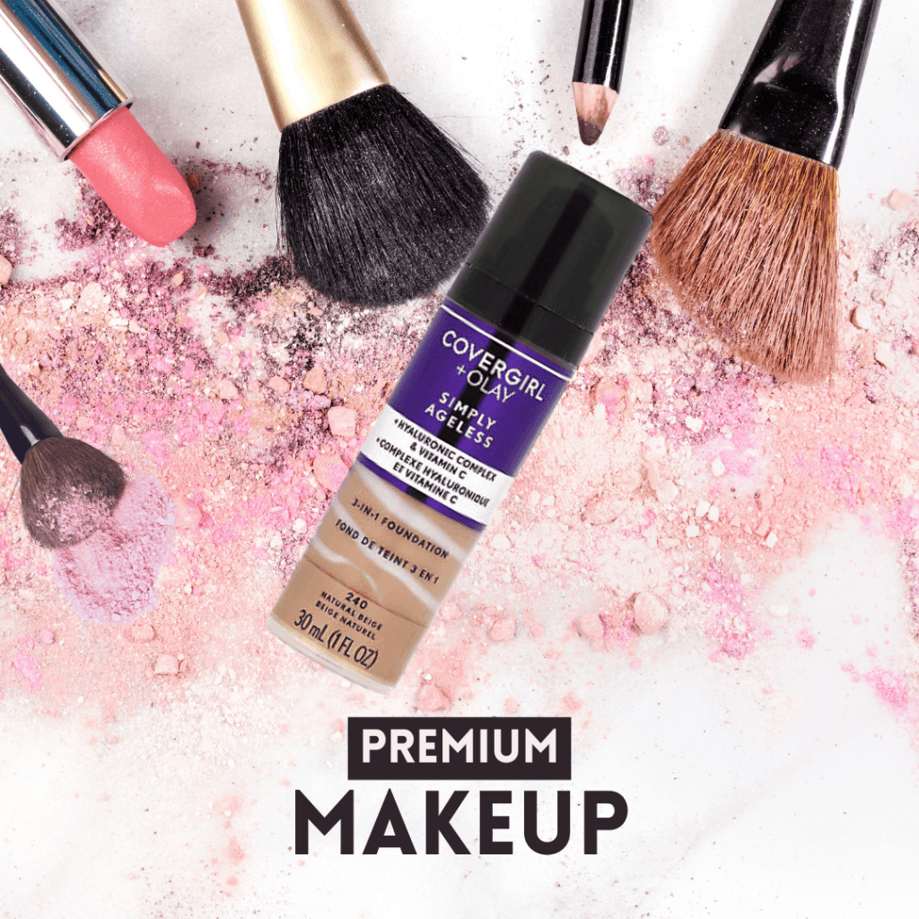 A styled flat-lay image of COVERGIRL & Olay Simply Ageless 3-in-1 Foundation, makeup brushes, and other skincare items on a marble countertop.