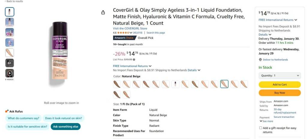 A pricing comparison chart featuring COVERGIRL & Olay Simply Ageless Foundation and other affordable options for mature skin.