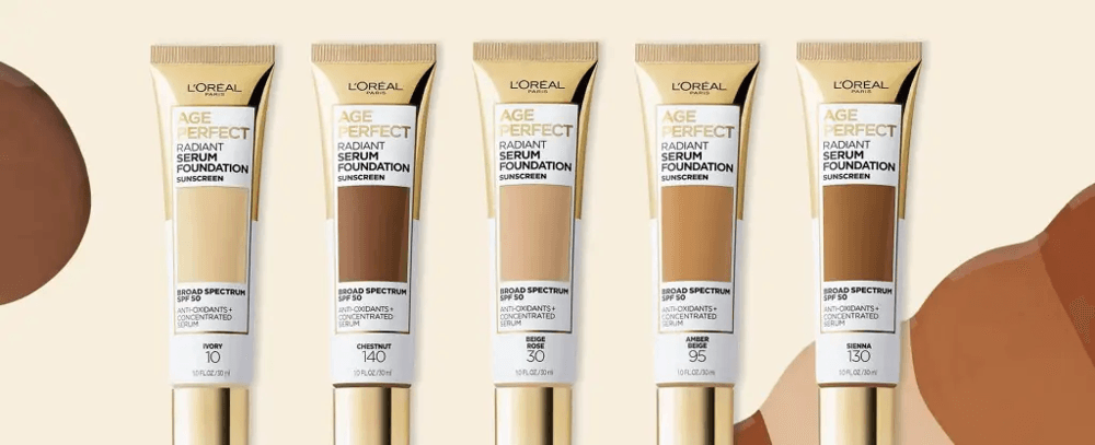 L’Oréal’s Age Perfect Radiant Serum Foundation lined up