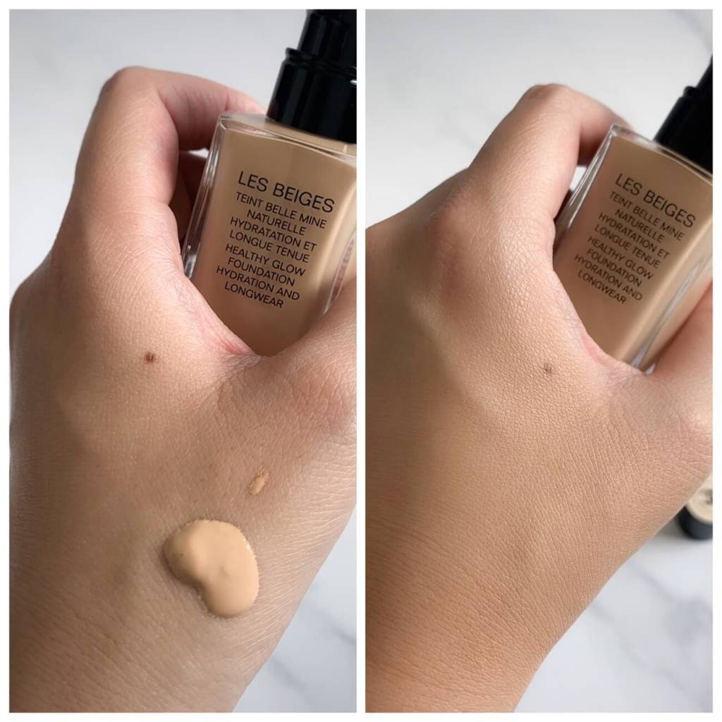 Dewy swatch of Chanel foundation on mature skin, emphasizing its healthy, radiant glow.
