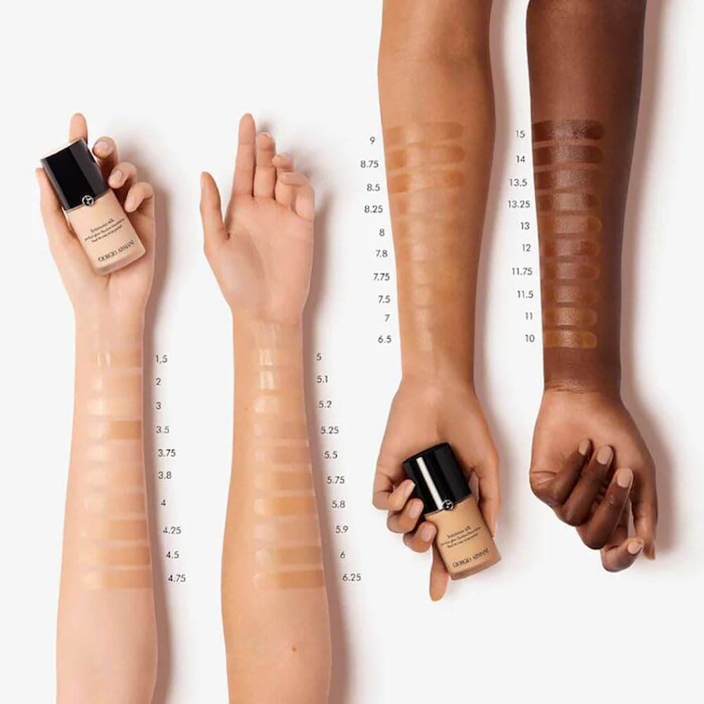 Close-up of Luminous Silk Foundation showing its silky texture swatched on mature skin.